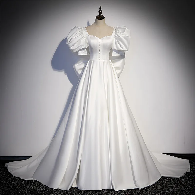 

Beauty-Emily White Wedding Dresses Long Satin Luxury Puff Sleeves Bridal Dress Elegant Brides Gowns for Wedding Party Big Bow