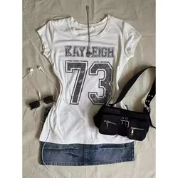 Wmen clothing Y2K Subculture Punk Vintage Short Sleeve Tops Number Letter Print T-shirt Slim Sexy Summer 2024 Punk Goth Tees