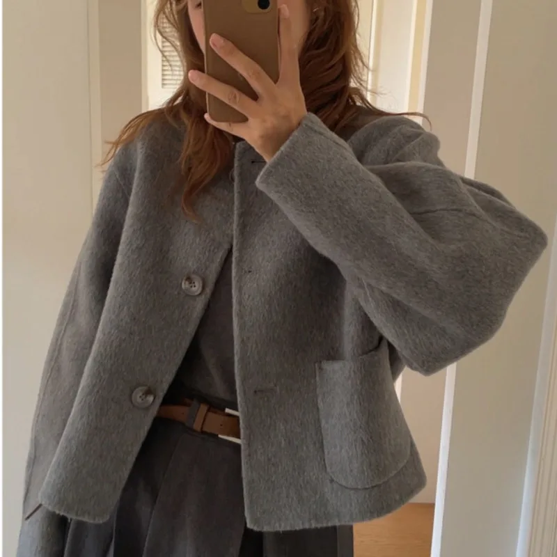 

South Korea Chic Woolen crop Jacket for coat Women High-Grade Round Neck Single-Breasted Loose Casual All-matching Long Sleeve