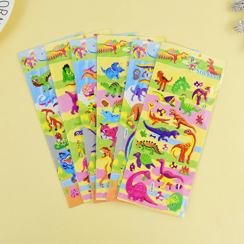 6 Sheets Cartoon Car Dinosaur Sticker 3D Puffy Engineering Vehicle Excavator Stickers For Girl Boy Scrapbooking Kids Gift Toys