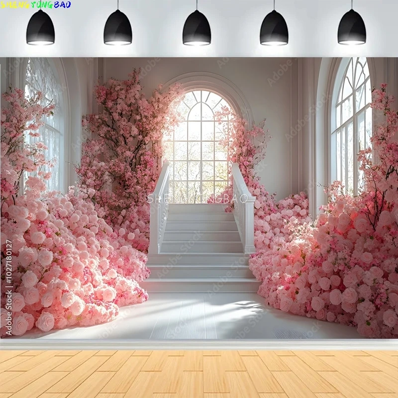 

Wedding With Grand White Floral Archway Photography Backdrops Church Luxurious White Room Window Photo Background HL-08