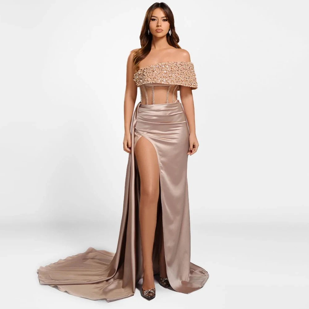 

Sexy Dresses for Special Occasions Satin Mermaid/Trumpet Prom Dress Champagne Off-the-shoulder Pearls Side Split Party Dress