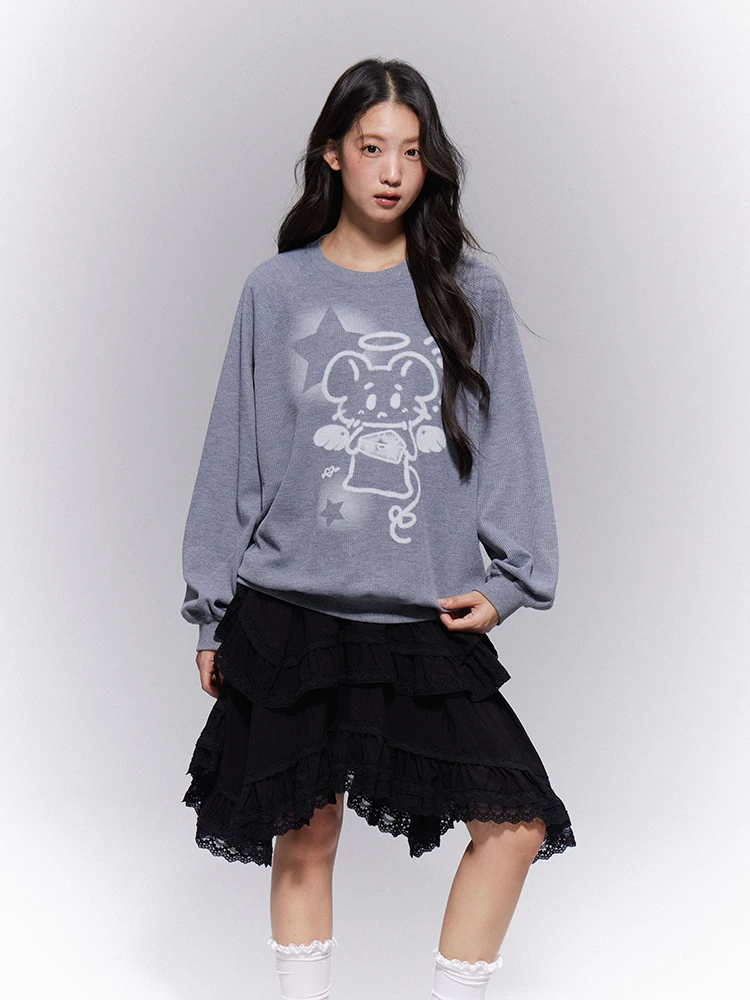 

ey Cartoon Print round Ne Sweatirt Women's Loose Casual Lazy Match All over Head irt Autumn Season Faion Sle
