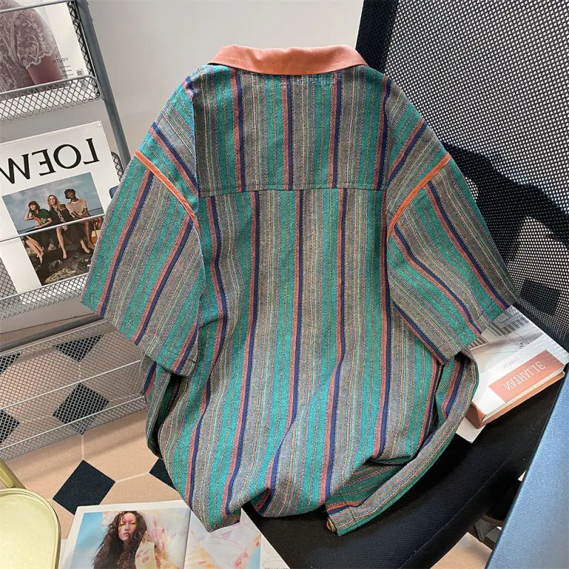 2024 New Summer Hong Kong Style Niche Trendy Brand Casual Loose Oversized Lapel Contrasting Stripes Short Sleeved Polo Shirt Top