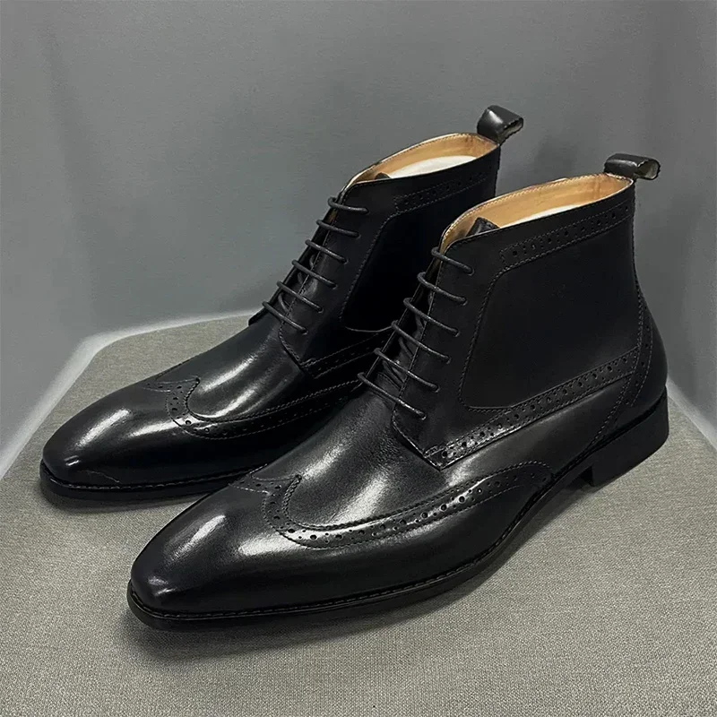 Klasyczne męskie botki ze skóry bydlęcej z prawdziwej skóry Brogue Wingtip Toe sznurowane wysokie buty Derby Business Dress dla mężczyzn