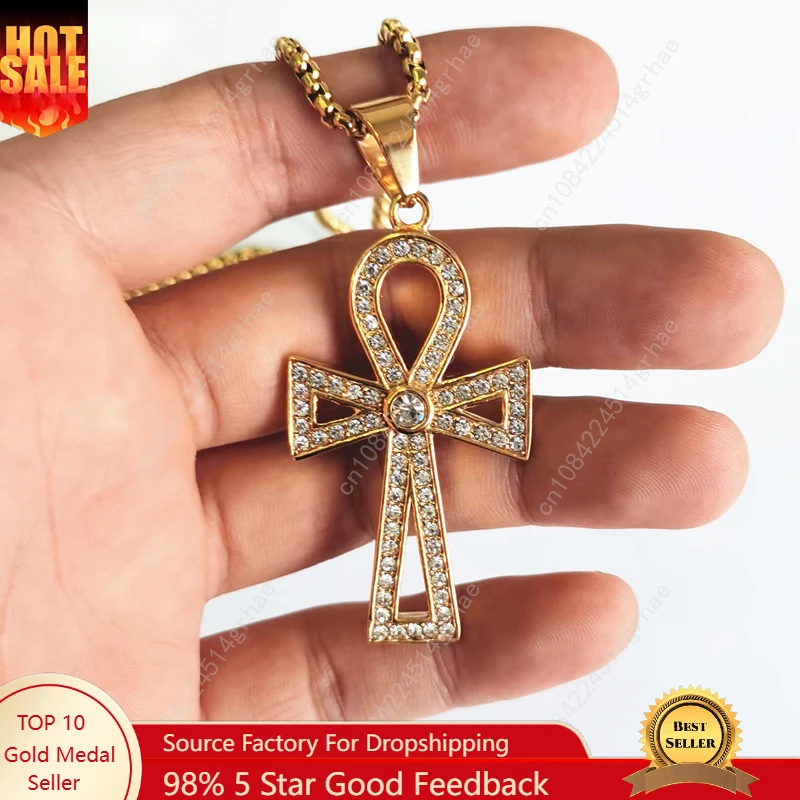 

Gold color Cross Pendant Necklace Anka Egypt Men's 316L Stainless Steel with rhinestone Jewelry
