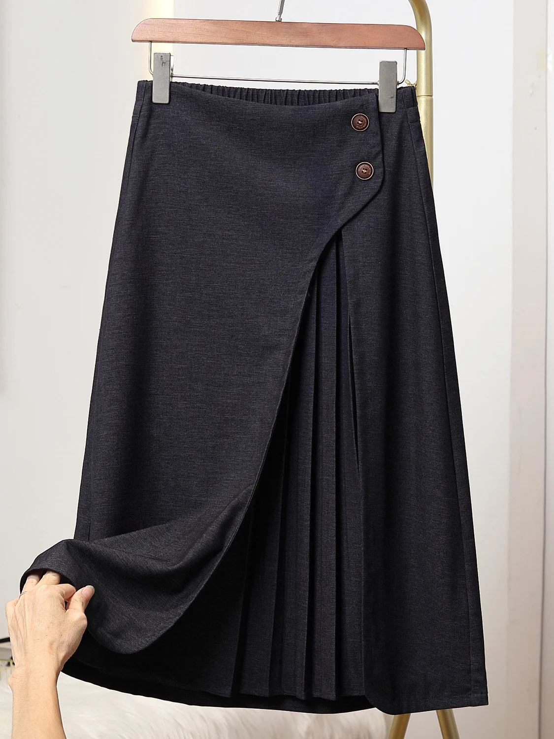 Loose Elastic Waist Pleated Casual Denim Half Skirt plus Size Women's Simple A-Line Skirt Autumn Season High Waist Midi Skirt