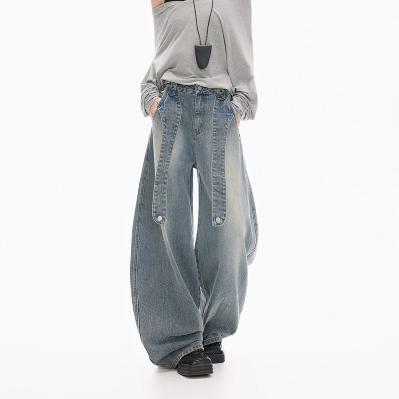 2025 Ropa Y2K Fashion Strap Patchwork Baggy Women's Stacked Jeans Pants For Woman Clothing Vintage Blue Casual Denim Trousers