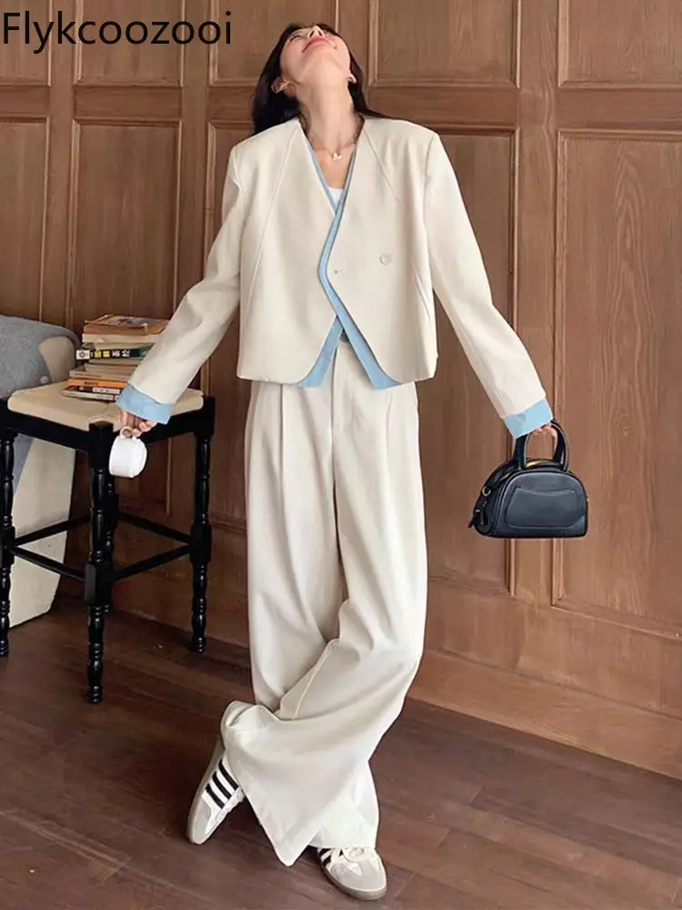 

Flykcoozooi Korean Fashion High-end Outfit Beige Suit Jacket Spring New Wide Leg Pants Loose Casual Two Piece Set Women Outfits