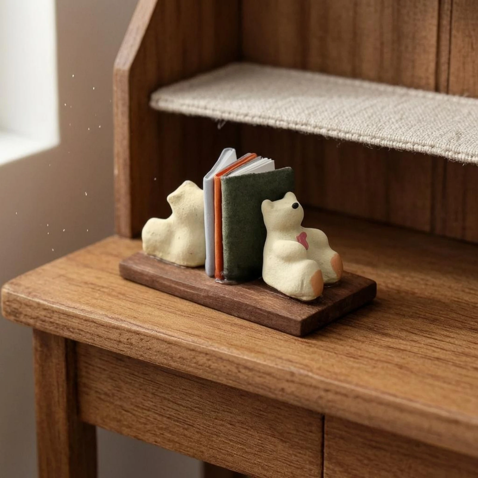 

Dollhouse Bookshelf Display Wood-Look Bear Book Display Mini Bookshelf Painted Tiny Library Decor Small and Cute