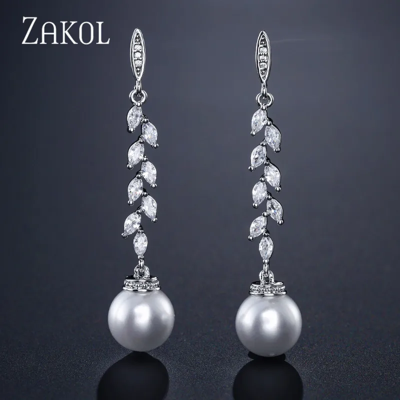 ZAKOL Fashion Round Imitation Pearls Drop Earrings for Women Shinny Zirconia Crystal Leaf Long Bridal Earring Wedding Jewelry