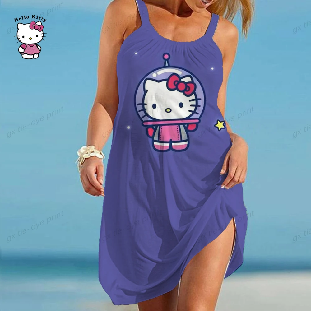 

2023 Summer New Elegant Women's Bohemian O-Neck Beach Holiday Hello Kitty Printed Single Cartoon Dress Sleeveless