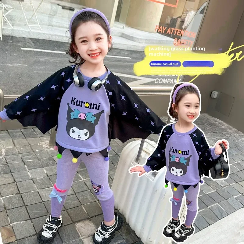 Anime Sanrio Girls Sweatshirt Suit Cartoon Kuromi Kids Wing Tops Cute Leggings Spring Autumn Fashion Kids Clothes Birthday Gifts