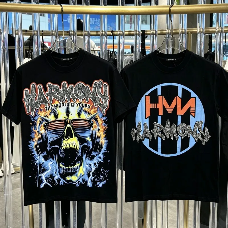 Heavy Industry Rhinestone Letter Black HARMONY Tshirts Rock Hip Hop Skeleton Pattern Cotton Short Sleeve Tops Men Women Outfit