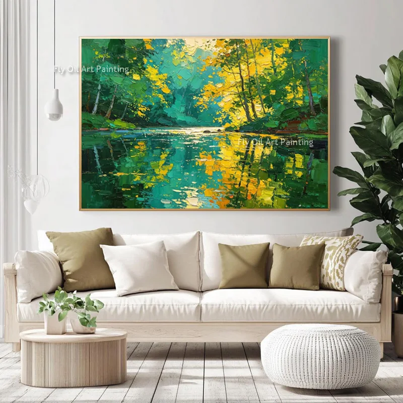 Beautiful Yellow White Sea Sunset View Modern Oil Painting Special Design Hand Painted Green Yellow Forest Landscape Wall Art