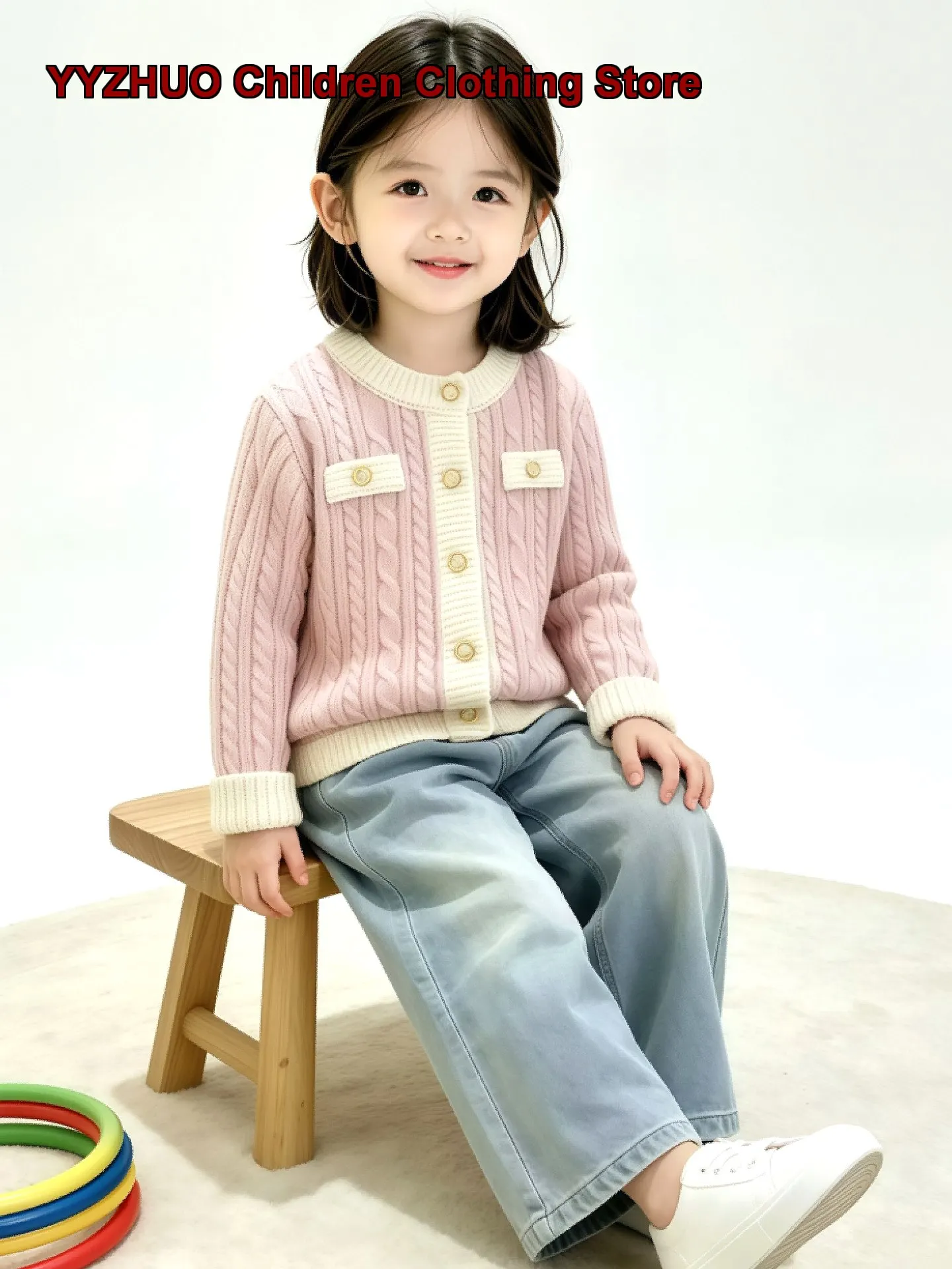 Girls Knit Cardigan Cable Twist Geometric Pattern Round Neck Long Sleeves Sweet Youthful Jacket