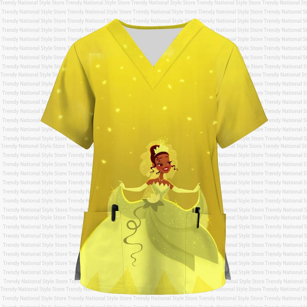 2026 Disney Princess Tiana Infermieristica Stampa smerigliata Negozio di animali Salone di toelettatura T-shirt da lavoro Nuova estate Uniforme da infermiera delle donne