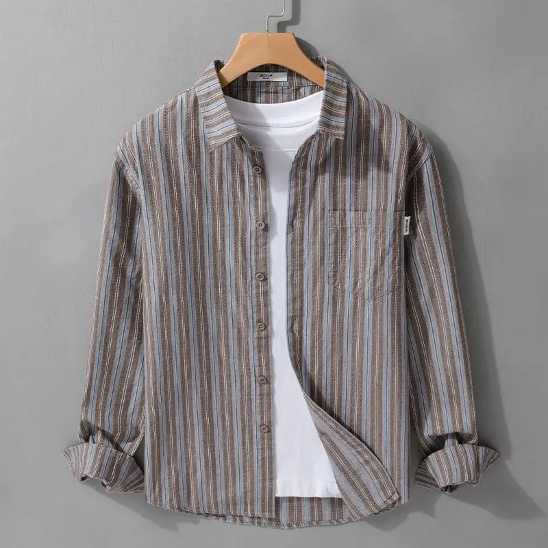 Japanese Fresh and Retro Men Long-sleeved Striped Shirt in Autumn New Style and Versatile Loose and Comfortable Jacket