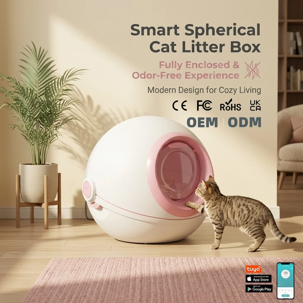 Meow Planet Fully Enclosed Plastic PP Cat Litter Box Odor-Proof Splash-Proof Large Size Circle Shape Prevents Sand Tracking