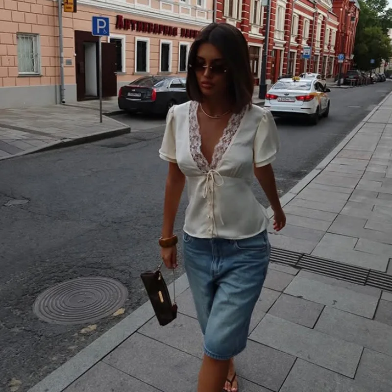 Satin Lace Trim V Neck Crop Blouse, Flutter Short Sleeve Front Tie Button Down Cropped Top, Solid Slim Casual Y2K Going Out Tee