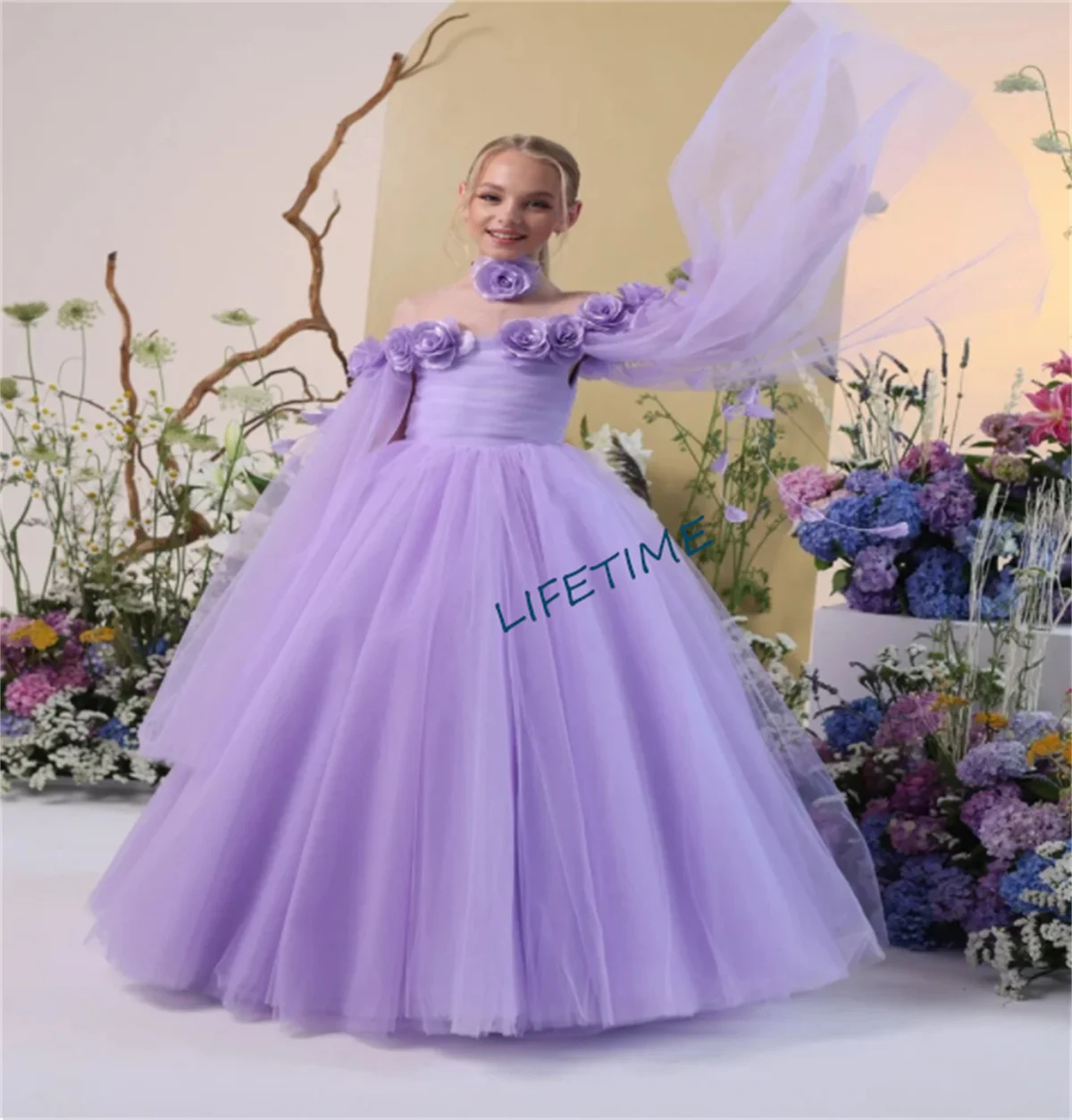 Lavender Flower Girl Dress 3D Flowers Fluffy Birthday Formal Wear Event Celebration Banquet Custom Princess Kids Gifts