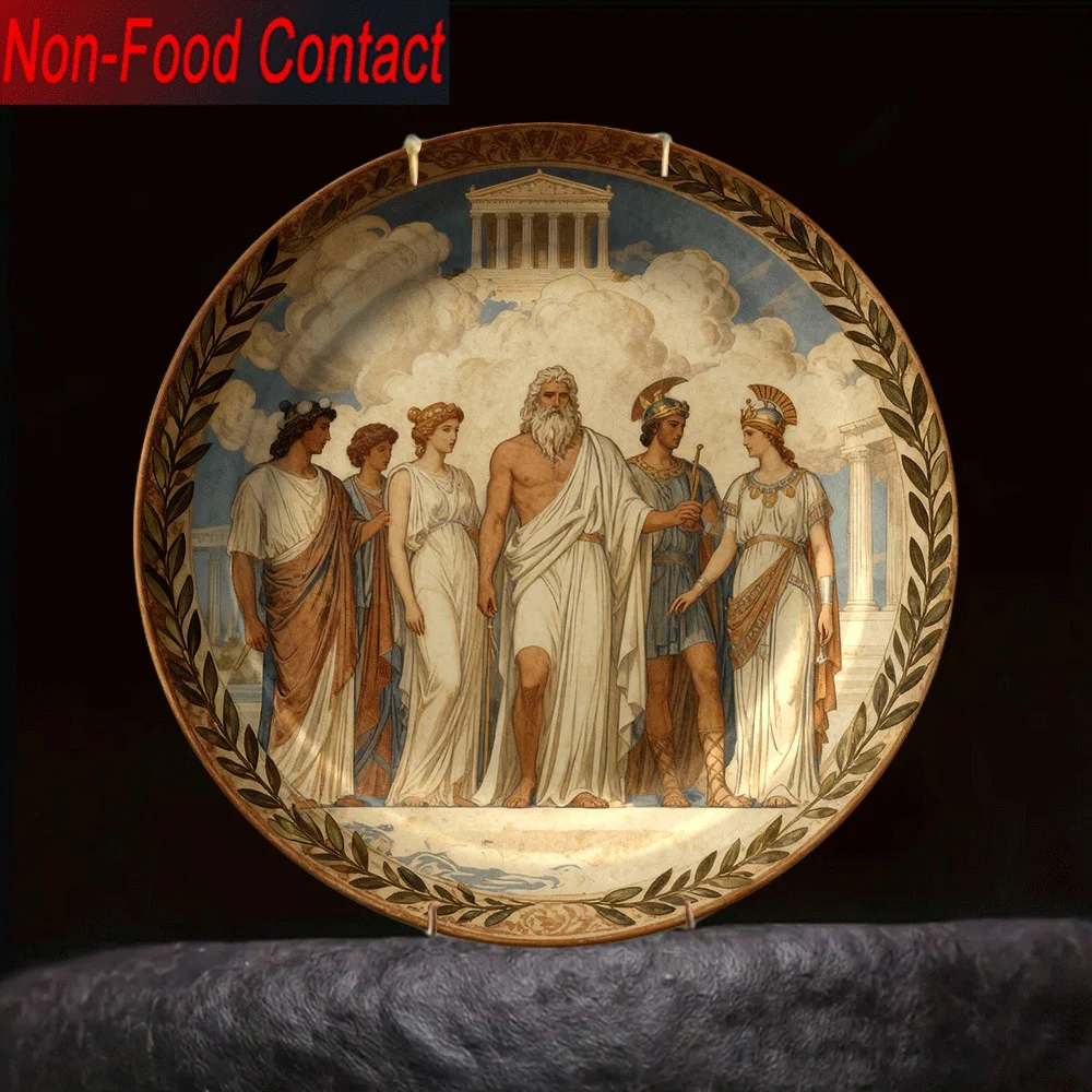 1pc Greek Mythology Ceramic Decorative Plate - Non-Food Contact, Classic Round Tabletop Art with Zeus, Athena, Poseidon, Hera,