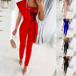 Fashion Patchwork Sequin Evening Dress for Women robe soirée femme Sleeveless Jumpsuit Party Prom Gown Ready To Wear