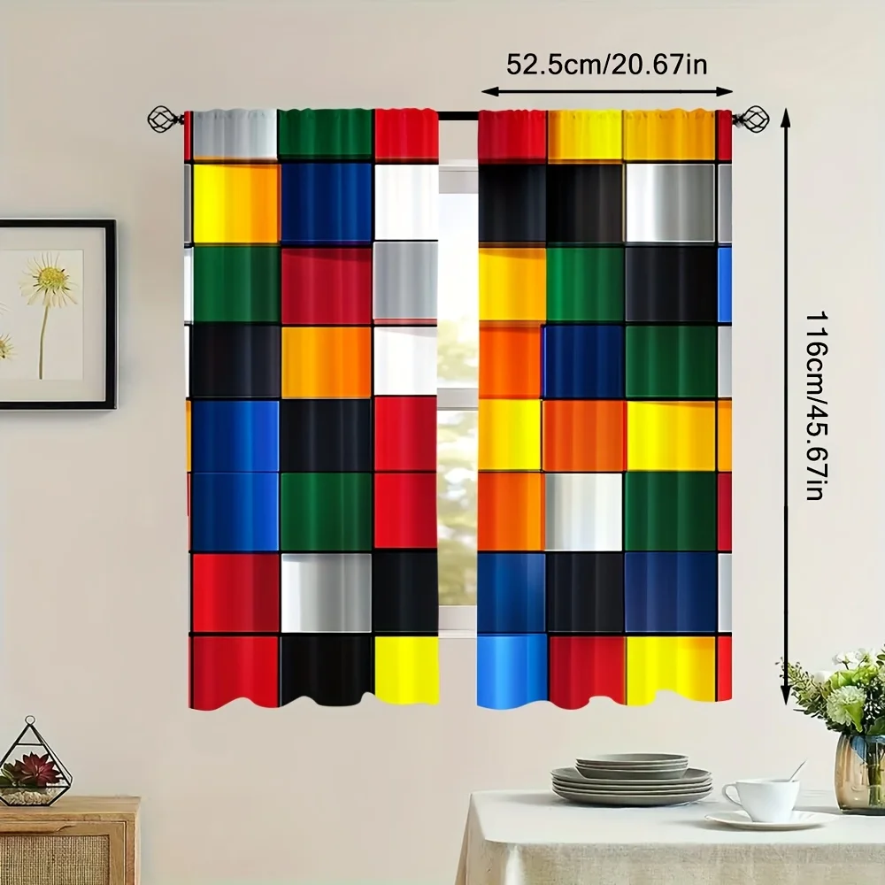 Colorful Geometric Square Pattern Curtain 2pcs Modern Abstraction Design Window Drapes for Home Decor