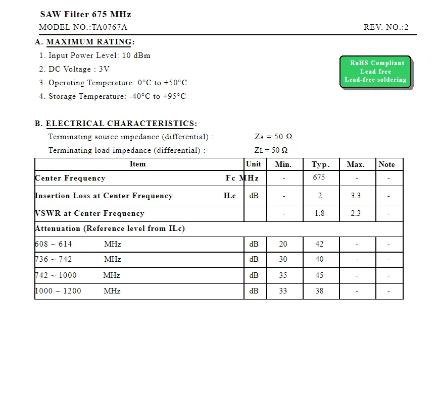 (10PCS) TA0767A 코드 83 새로운 정품 675MHz 패키지 SMD SAW 필터 재고 있음