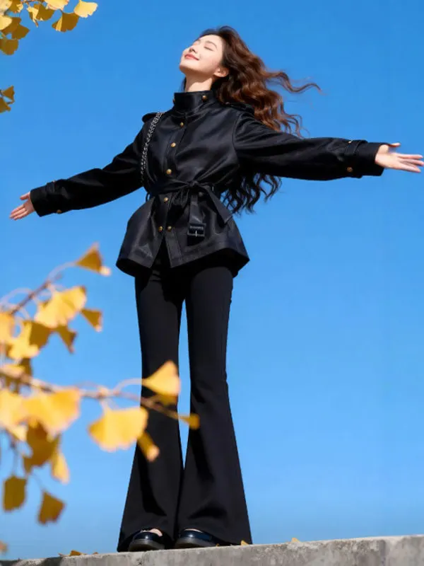 

Стильная женская зимняя куртка из искусственной кожи с поясом, корейский стиль, длинный рукав, разные цвета