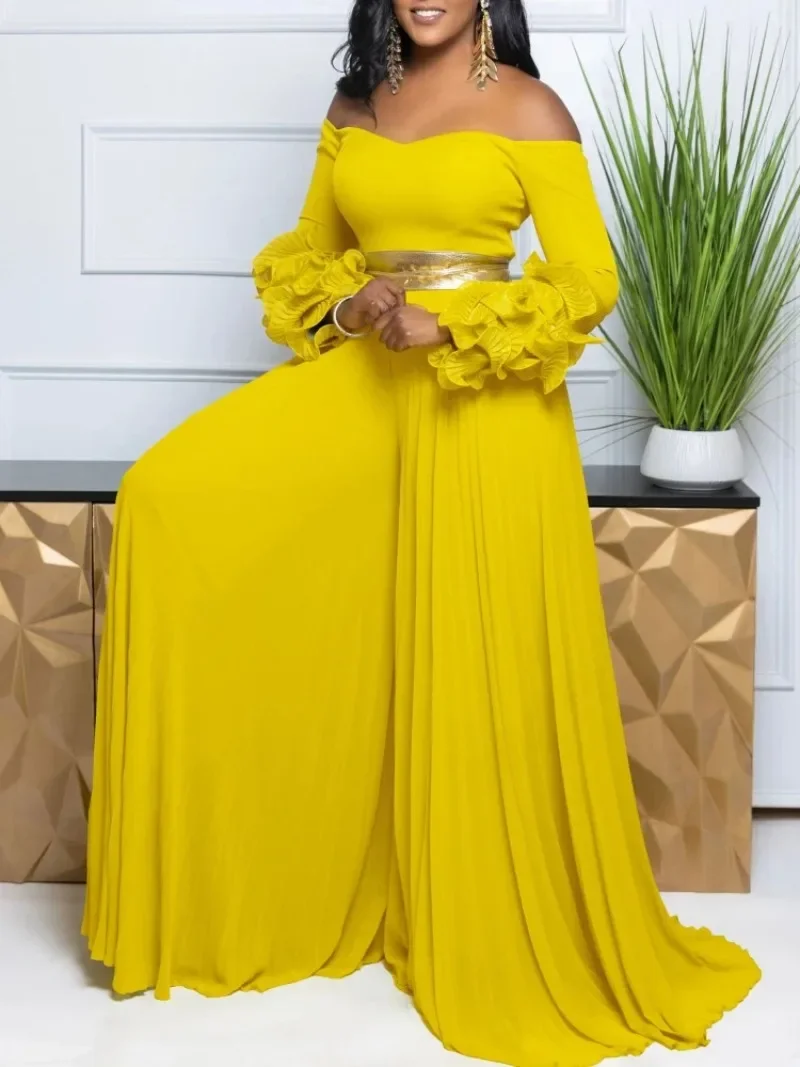 

Elegant Pleated Jumpsuit 2025 New Fashionable One-piece Collar Ruffled Sleeves Solid Color Pleated Wide Leg African Jumpsuit