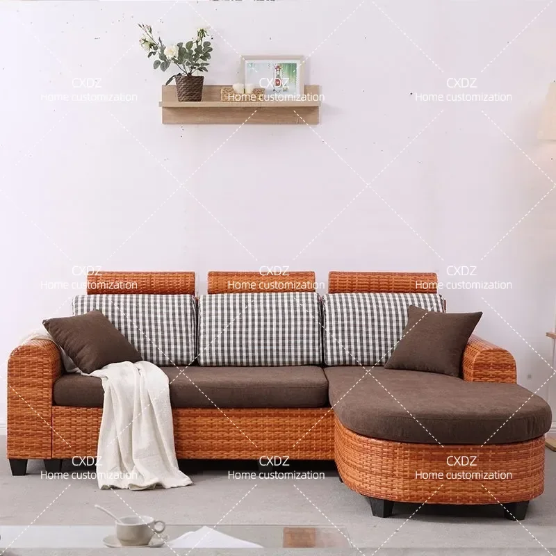 Rattan sofa combination small apartment living room corner rattan chair sofa semi-round rattan single fabric sofa full set