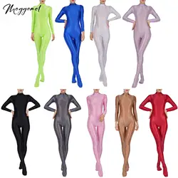 Womens Glossy Full Body Jumpsuit See Through Sheer Catsuits Bodystockings Long Sleeve Footed One Piece Gym Yoga Tights Bodysuit