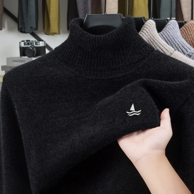 

Advanced trend knitted high neck sweater men's luxury brand soft comfort plush warmth new sailboat embroidery casual pullover