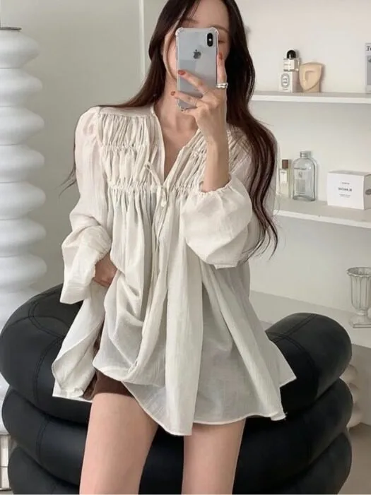 Women's Bubble Sleeve Shirt V-Neck Pleated Drawstring Loose Fit Pure Color Spring New Style Versatile Short Size Korean Style
