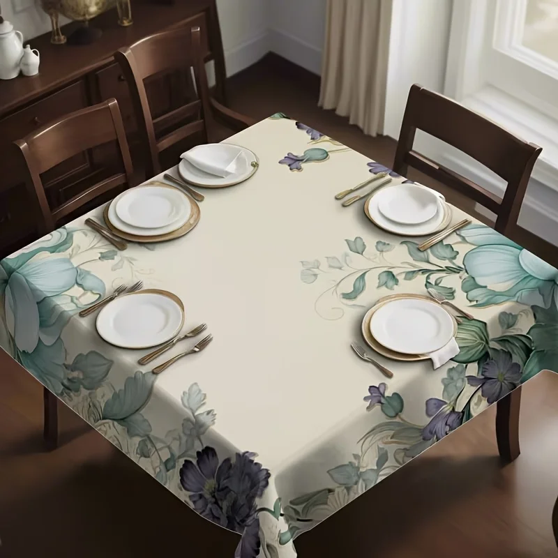 1pc Retro Art Green Floral Square Tablecloth Suitable for Family Kitchen, Dining Party