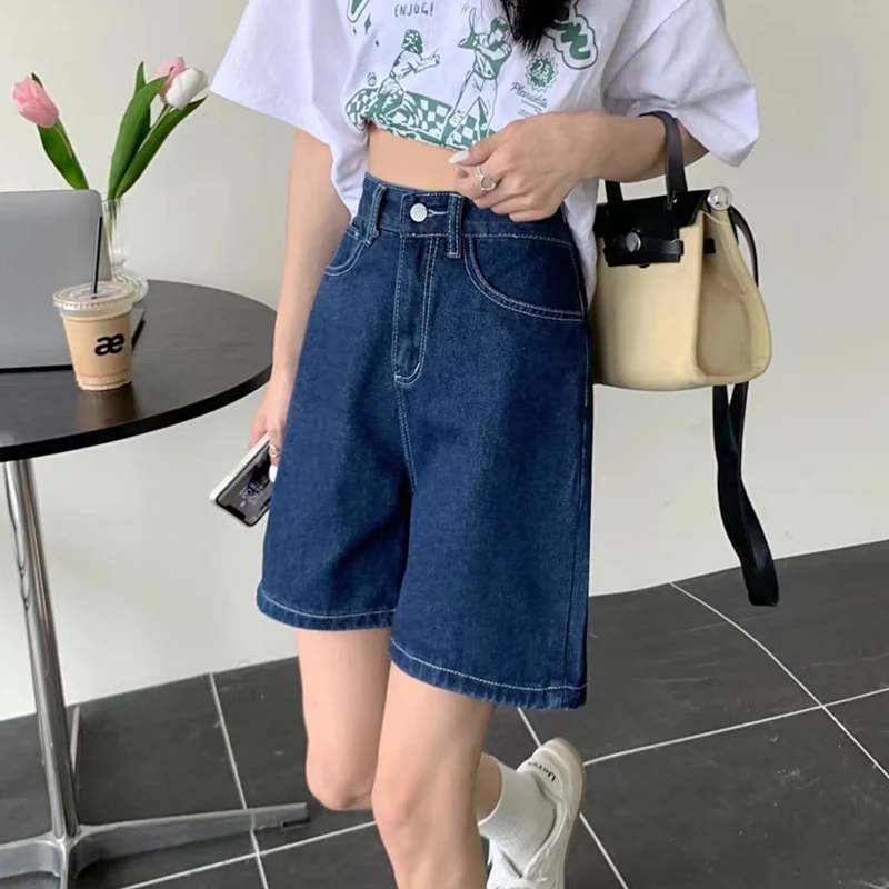 Summer Women Korean Style Baggy High Waist Short Jeans Casual Y2k 2000s Denim Pants Lady Blue Vintage Slacks Wide Leg Shorts