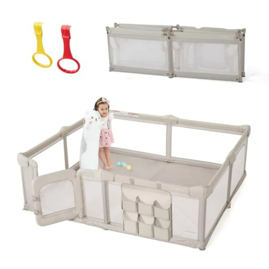 

Foldable Baby Playpen 79x59 with Zipper Door for Toddlers and Babies Large Play Yard with Gate Light Khaki