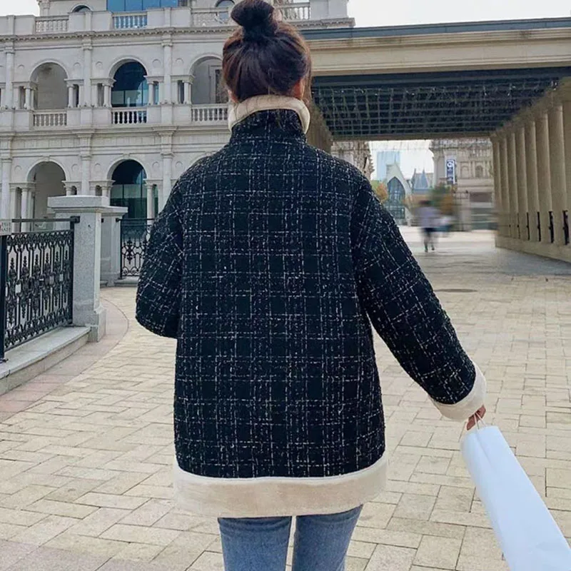 2023 Winter Women's Lamb Wool Short Coats Casual Street Fried Woolen And Velvet Thick Warm Jackets Female Zipper Plaid Outercoat