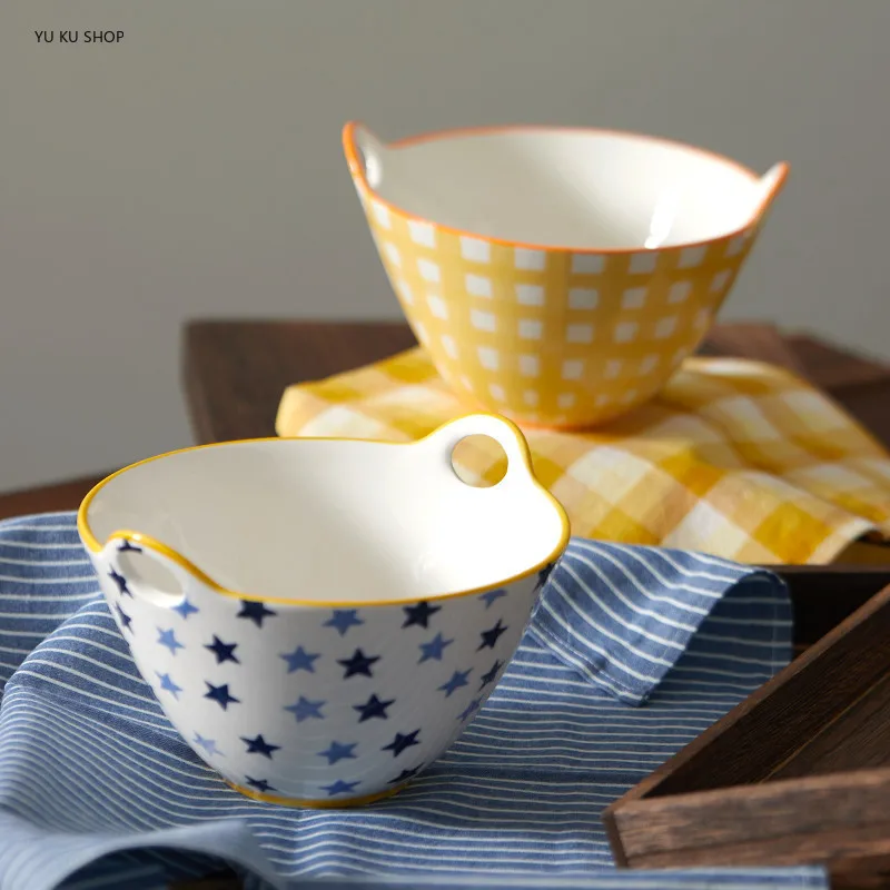 

Ceramic Large Ramen Bowl Double-eared Noodle Bowl Japanese Retro Bamboo Hat Deep Salad Bowl Heat-resistant and Cute Tableware