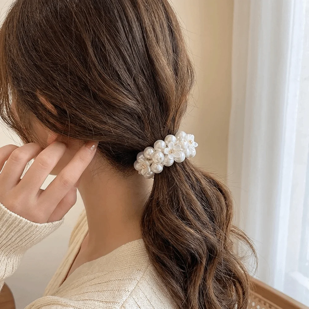 New Sweet Faux Pearl Hair Ties Beaded Hand-Woven Elastic Hair Rope Elegant Bracelet Ponytail Holders Daily
