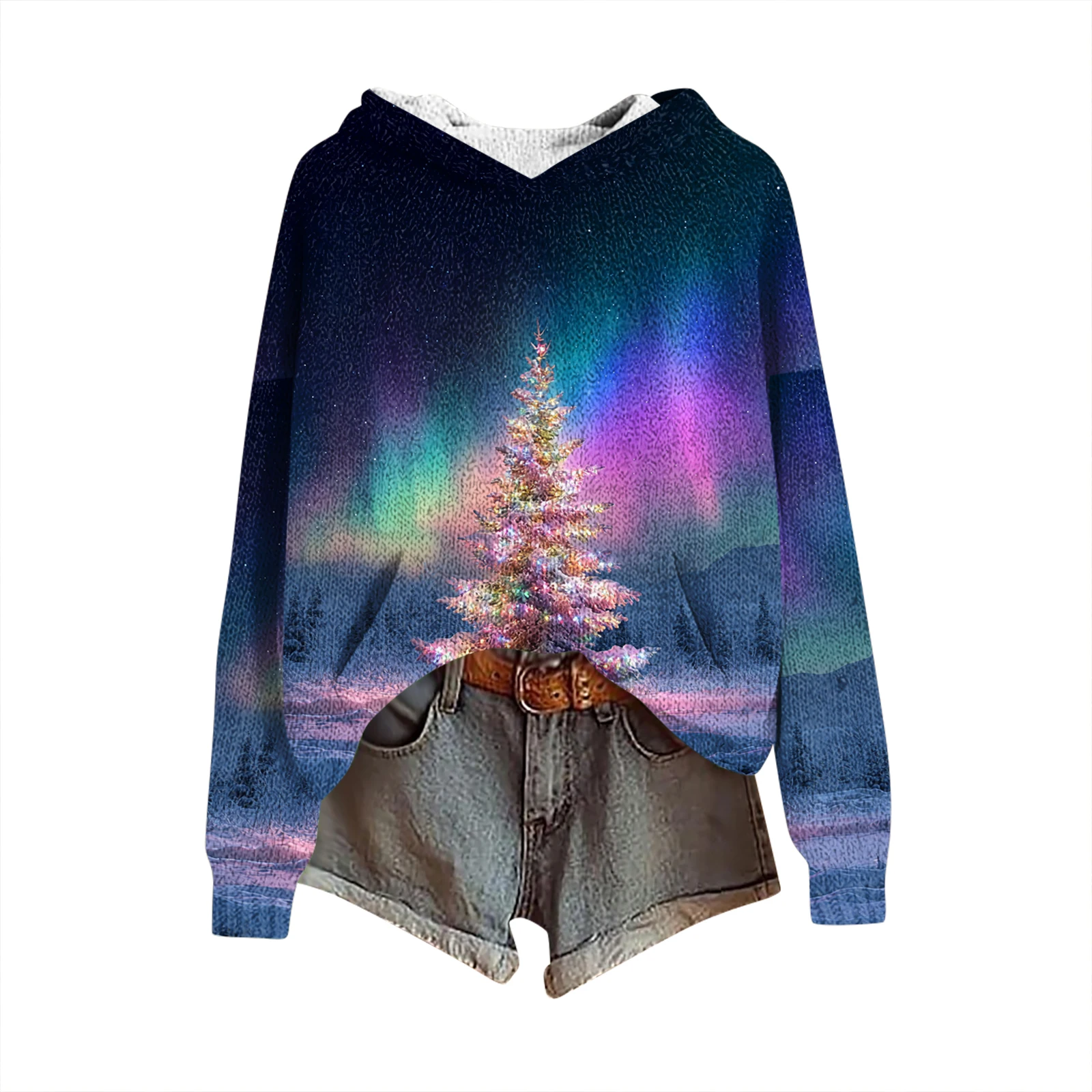 Winterkerstboompatroon Dames Modieus Casual trui met lange mouwen en capuchon met print Comfortabele warme gebreide top