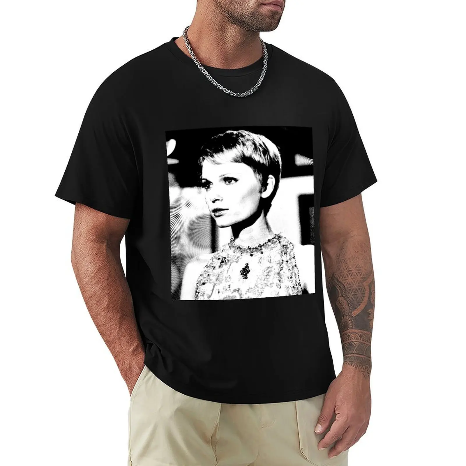 Mia Farrow Linocut In Black & White T-Shirt Anti-Fade Casual Tee Shirt