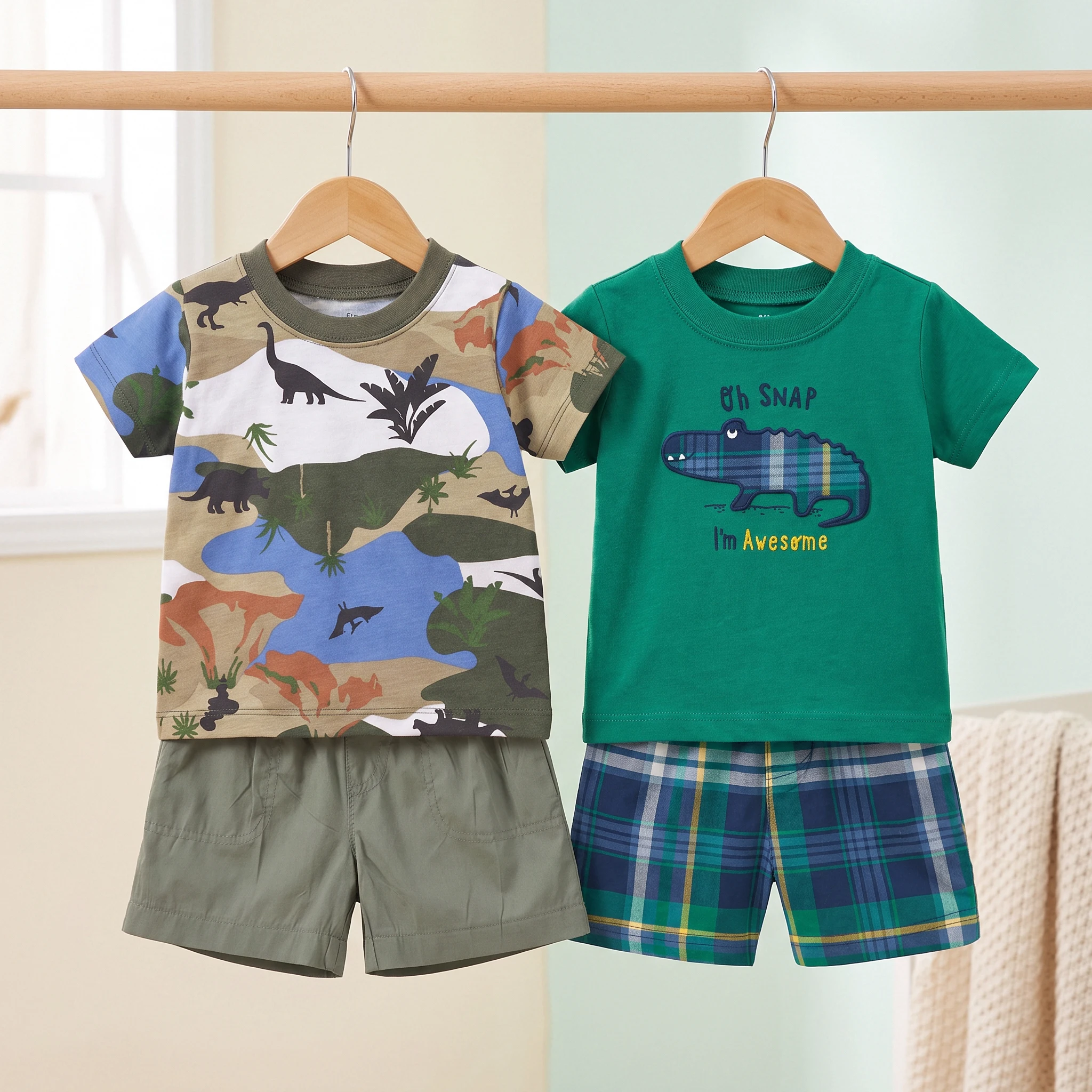 Summer Baby Boys 2Pcs Cotton T-Shirt & Shorts Set–Camo Dinosaur & Crocodile Print Plaid Shorts Casual Outfit for Infant 9M-3T