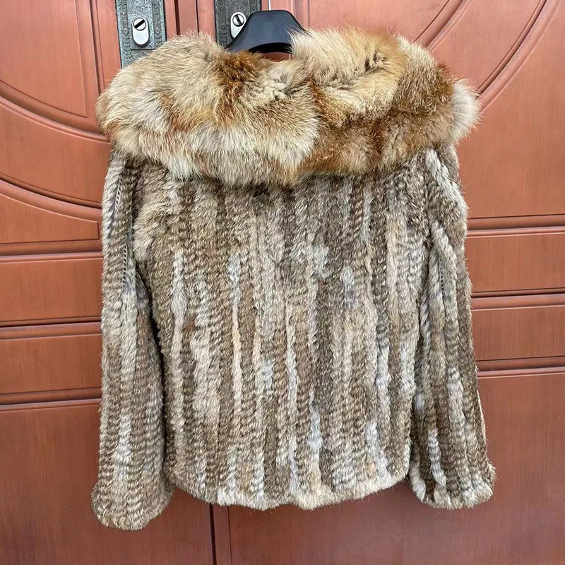 Imagem -02 - Novas Mulheres de Malha Real Cabolsa de Pele de Coelho com Real Fox Fur Collar Feminino Manga Longa Outono Luxo Genuine Rabbit Fur Jacket 2023