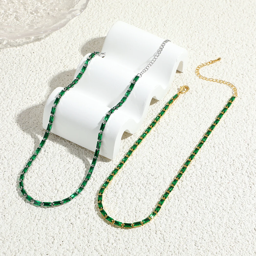 Green Cubic Zirconia Tennis Chokers Necklaces For Women Collier Crystal Luxury Bling Short Clavicle Chain Necklaces Jewelry