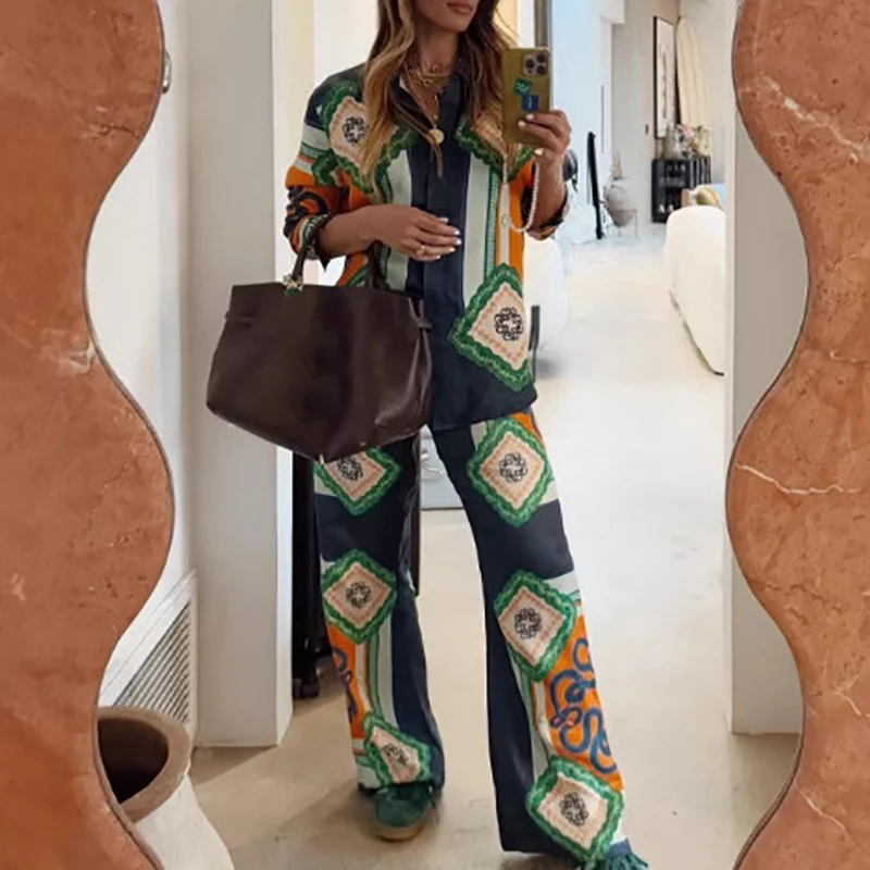

Leisure Single Breasted Lapel Commute Outfits Elegant Long Sleeve Loose Set Retros Graphic Print Shirts Long Pants Matching Sets