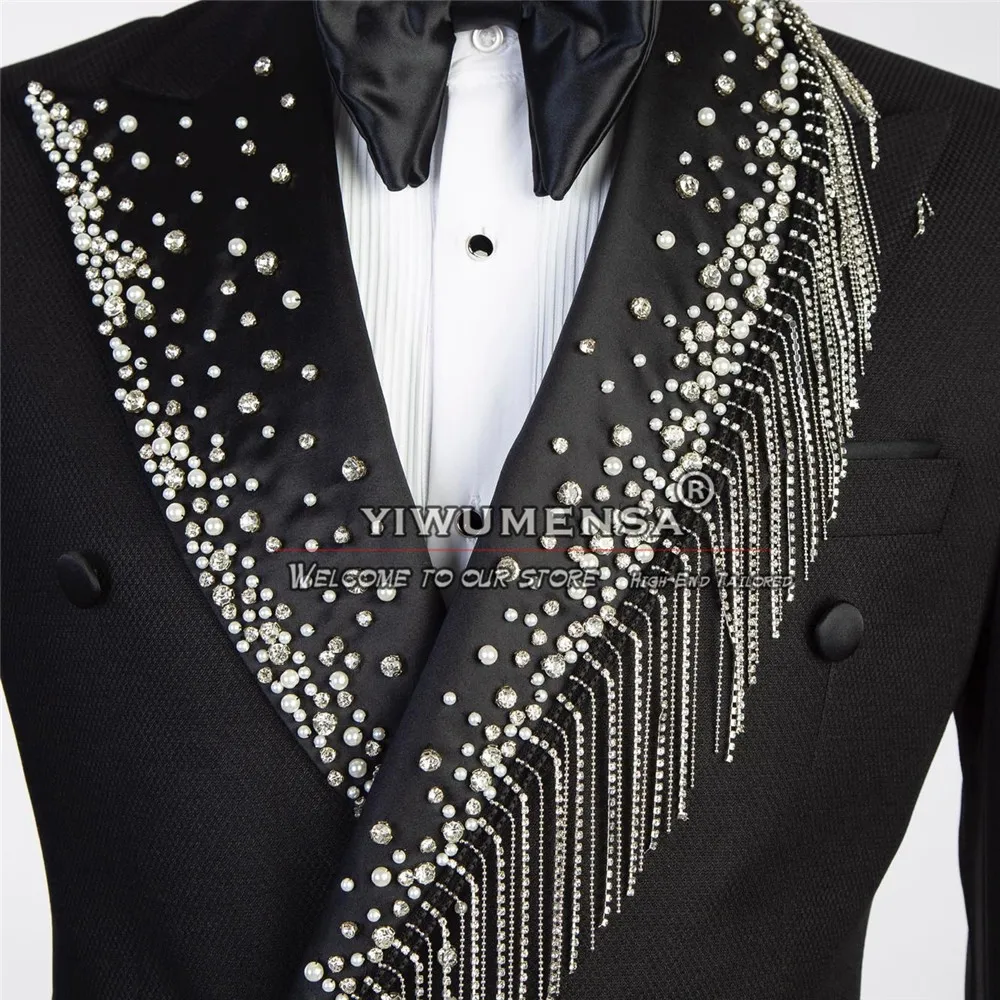 Luxury Jewelry Ornament Beaded Suits Men For Wedding Double Breasted Jacket Pants 2 Pieces Groomsman Tuxedos Tailored Male Dress