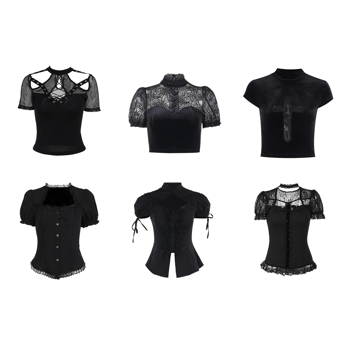 Goth Lace Mesh Short Sleeves T-Shirts Y2K Vintage Aesthetic Sexy See Through Black Lace-up Corset Crop Tops Women Summer Tees