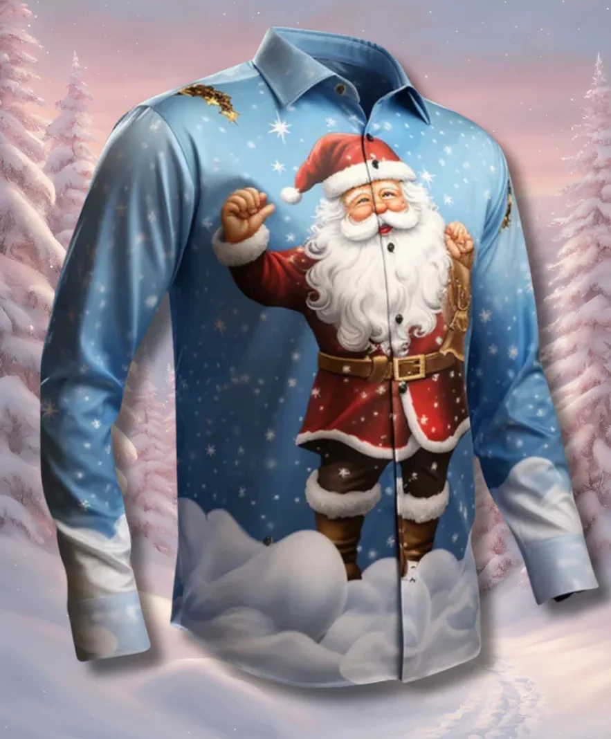 2025 3D printed Christmas design pattern men's lapel button fashionable men's long sleeved comfortable plus size shirt top